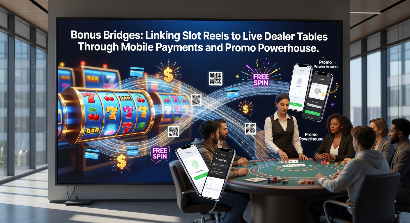 Digital bridge connecting vibrant slot machine reels to a live dealer blackjack table, with mobile payment icons and promotional banners overlayed