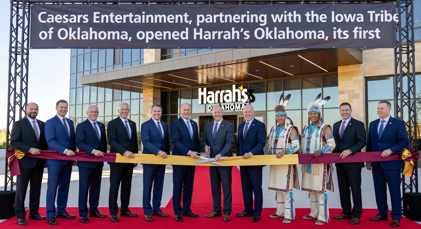 Interior shot of Harrah’s Oklahoma gaming floor, showcasing rows of vibrant slot machines, table games in action, and patrons enjoying the atmosphere
