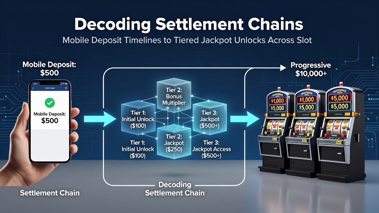 Flowchart illustrating connections between cleared mobile deposits, slot jackpot tiers, and live dealer table prize structures