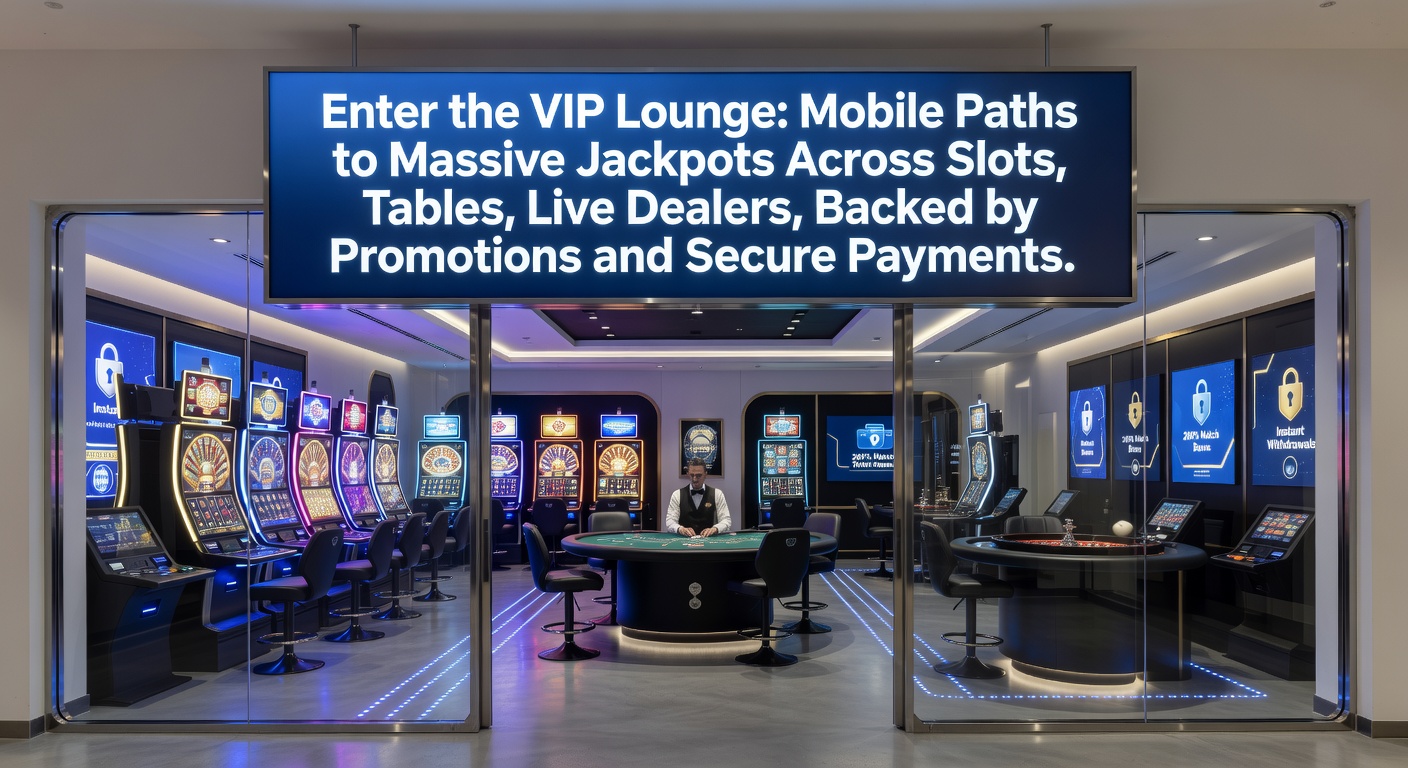 VIP lounge interface on a mobile device showing jackpot slots and live dealer tables with promotional banners