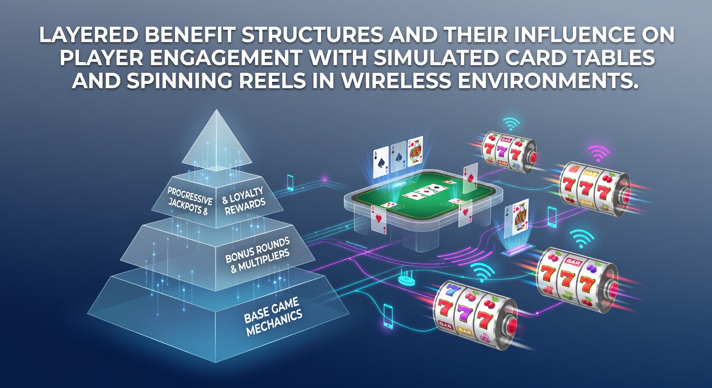 Mobile gaming interface showing layered rewards on simulated card tables and spinning reels