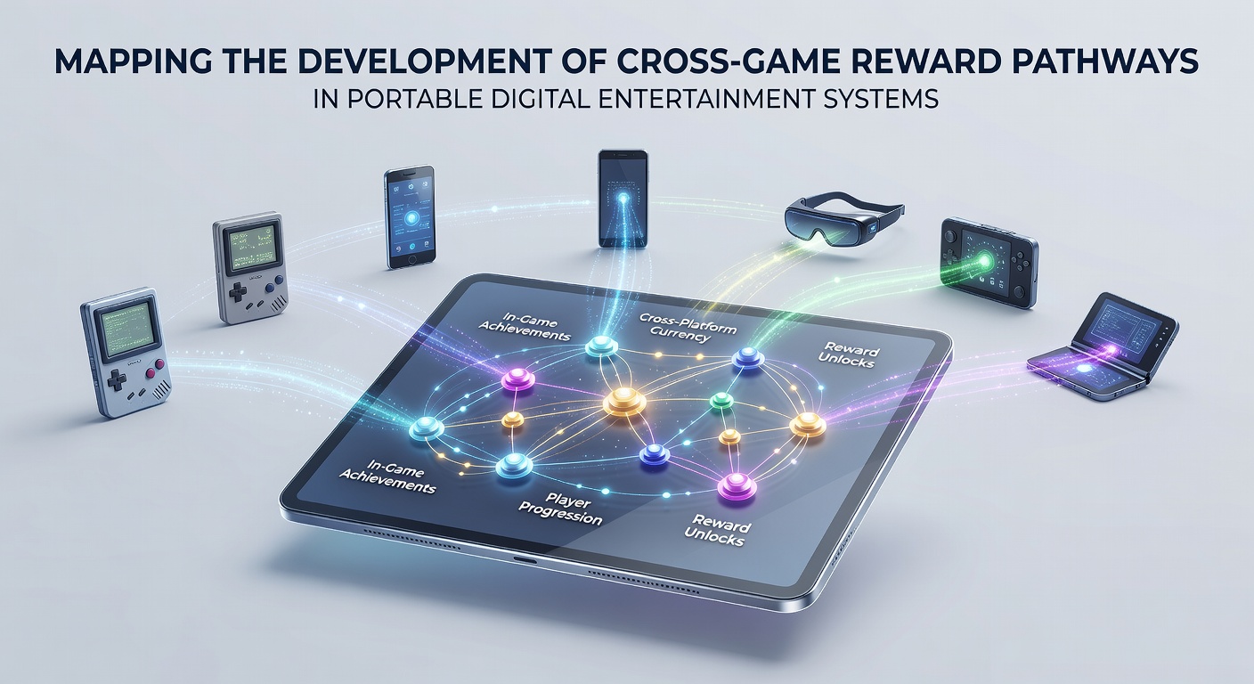 Portable digital entertainment systems displaying interconnected reward pathways across multiple mobile games on tablets and smartphones