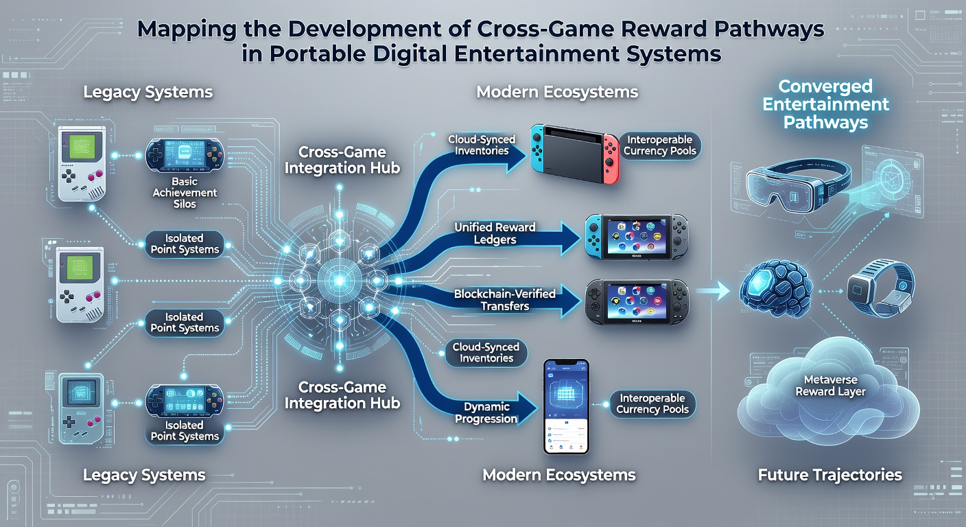 Detailed diagram illustrating cross-game reward pathways connecting various portable entertainment applications on mobile devices