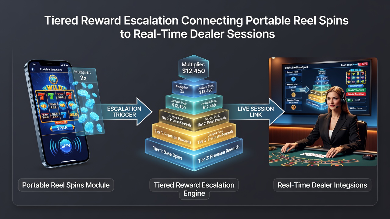 Flowchart of verified transaction networks escalating rewards from mobile spins to live dealer tables