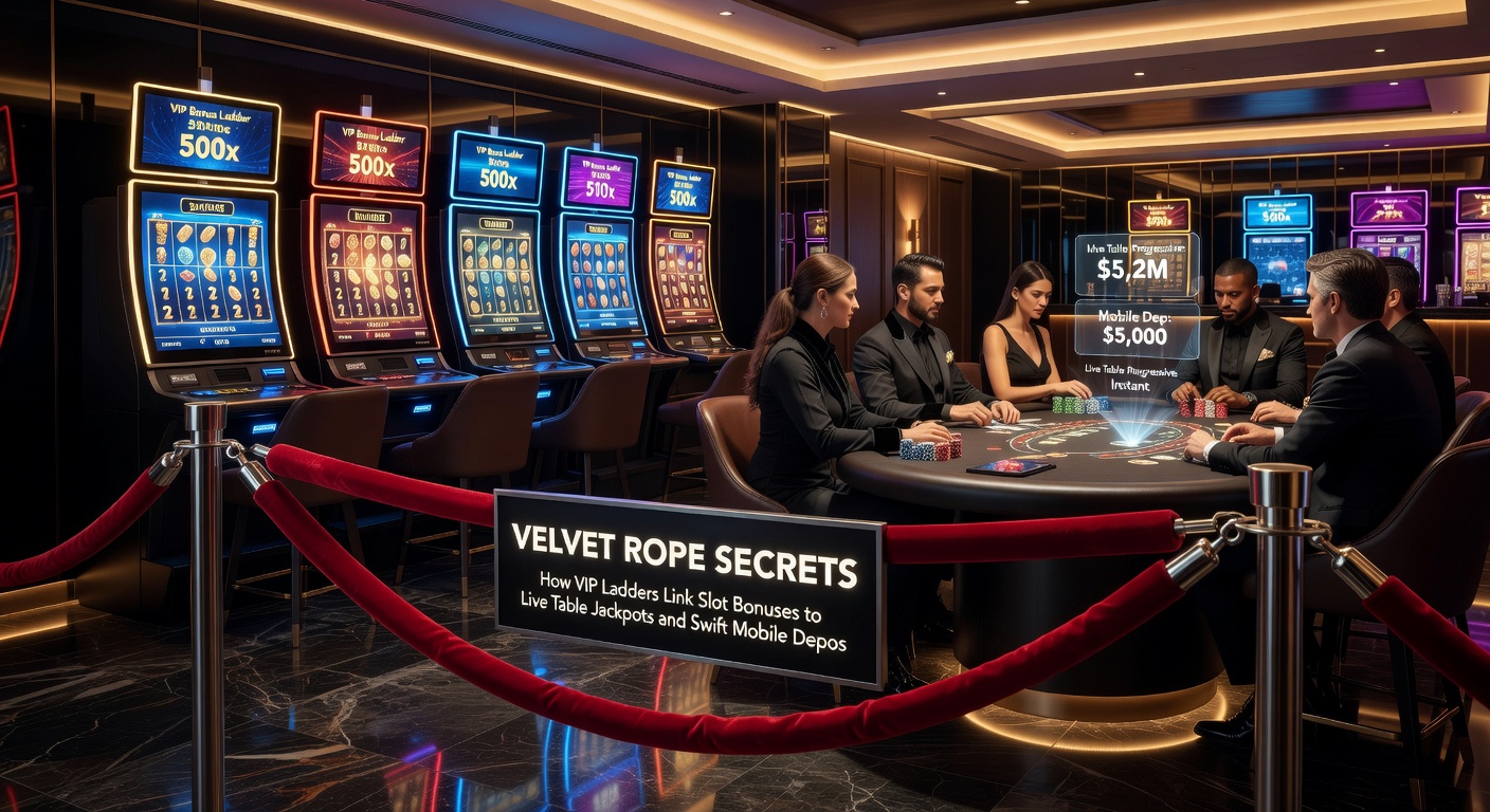 Close-up of a mobile phone screen showing a VIP ladder progression with slot bonuses converting to live table jackpots, alongside a swift deposit confirmation